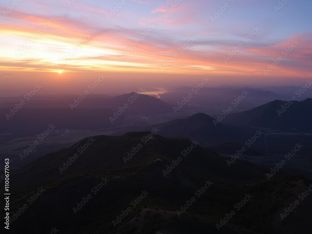 Obraz premium Golden hour aerial view of Pucon Peninsula at sunset in Chile, golden hour, aerial view