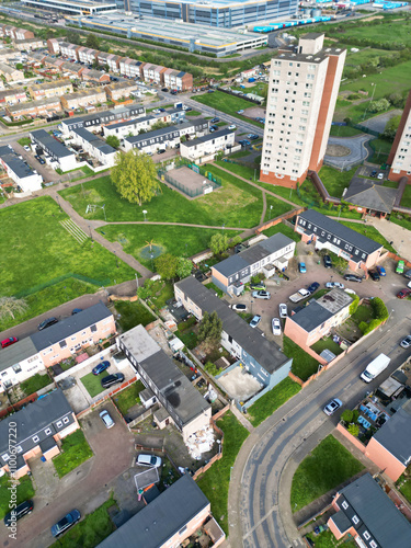 High Angle View of Tilbury City Centre and Docks on River Thames, borough of Thurrock, Essex, England, United Kingdom. Aerial View Was Captured with Drone's Camera on April 20th, 2024 at Just After Su photo