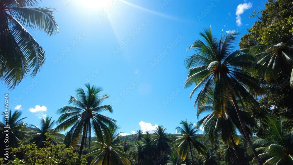 Fototapeta premium Lush palm tree forest in a tropical landscape under clear blue skies during midday sun, foliage, summer
