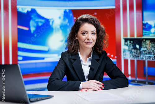 Newscaster presenting daily events, covering all business and economics topics live on television program. Journalist working in newsroom to bring new interesting content for the public, reportage. photo