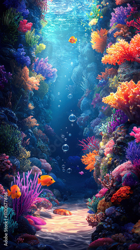An underwater scene featuring vibrant corals in various shapes and colors, schools of fish swimming around, and bubbles gently floating upward, creating a lively marine atmosphere.