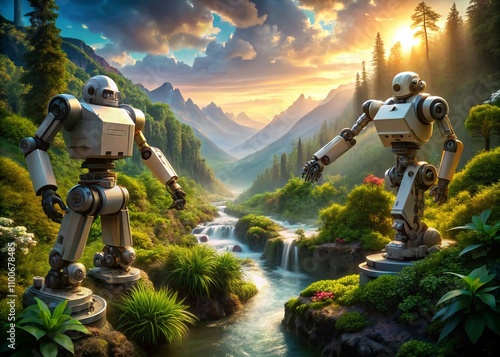 Futuristic Landscape Featuring AI Research Robots Engaged in Automation Tasks Amidst a Stunning Natural Environment, Symbolizing the Harmony Between Technology and Nature photo