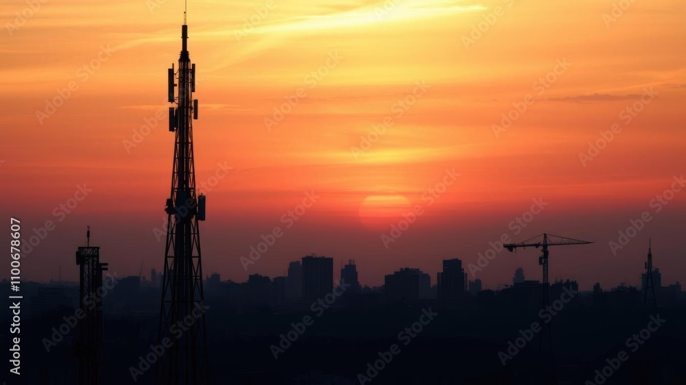 Obraz premium Telecom tower silhouette against colorful sky at dusk, technology, background