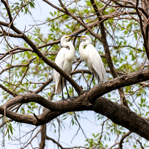 Two Little Egrets, Egretta garzetta dimorpha.they perform a wedding ritual in the branches of a tree. Wear Ve. Madagascar photo