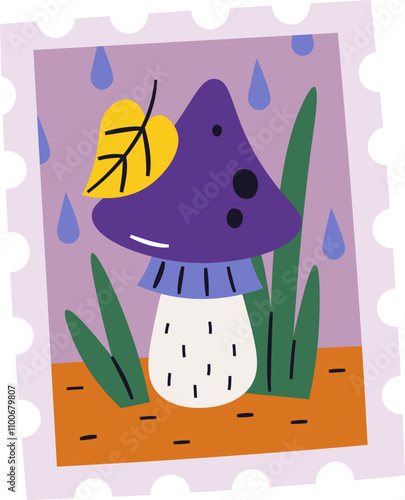 Autumn Postage Stamp With Mushroom