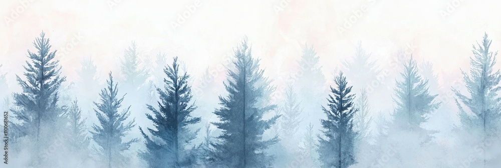 Obraz premium serene winter scene featuring dreamy monochrome foggy coniferous forest, trees covered in frost and surrounded by light mist, peaceful ethereal atmosphere. wallpaper and background, header, art print.