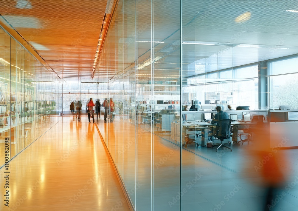 Obraz premium A group of people walk through a glass hallway in a building