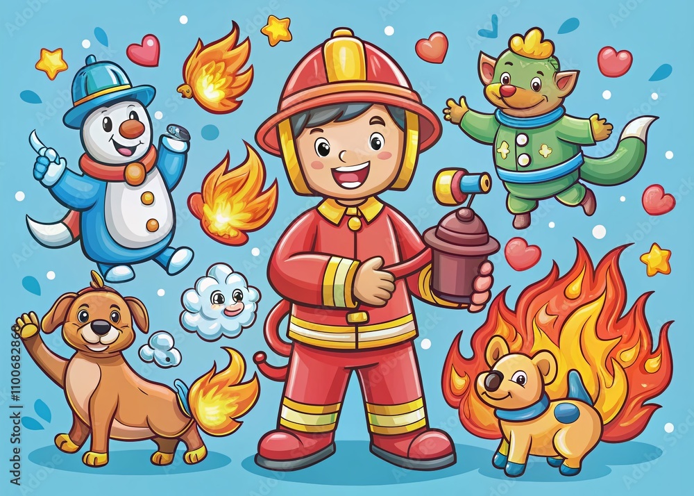 Fototapeta premium Hand Drawn Cartoon Firefighter Illustration for Children's Books, Educational Materials, and Emergency Services Awareness Campaigns in a Playful Style