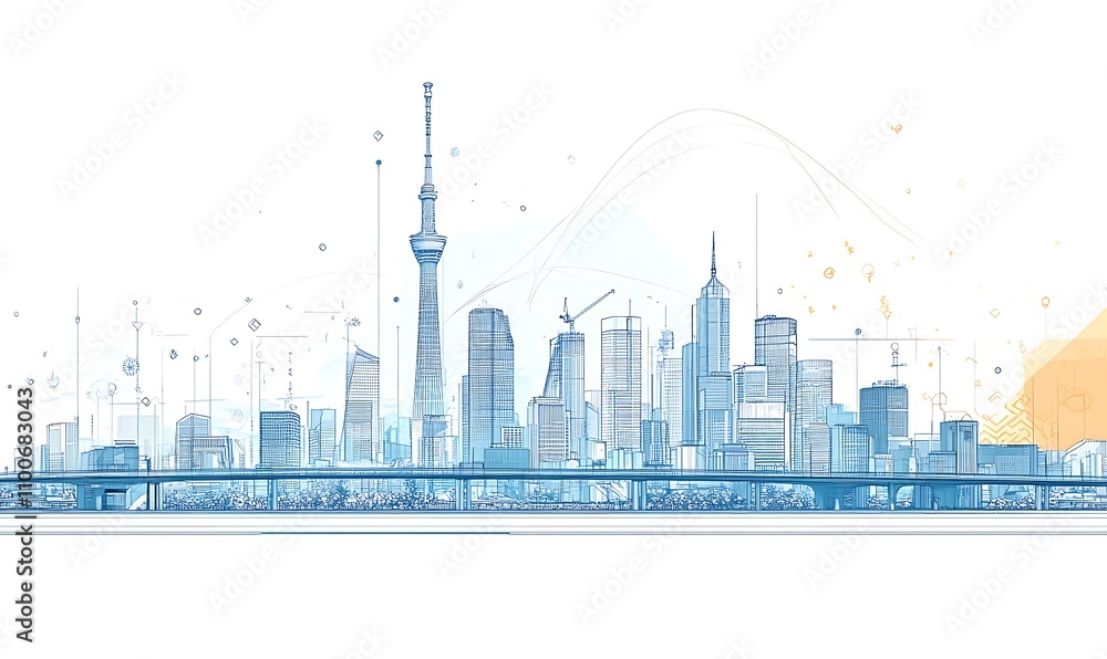 Obraz premium A stylized skyline illustration featuring modern buildings and a tower, symbolizing urban development.