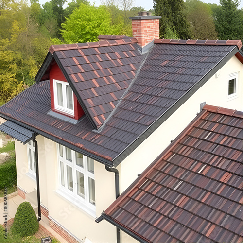 The house is equipped with high-quality roofing of shingles (bitumen tiles). A good example of perfect roofing. The roof is reliably protected from adverse weather conditions photo