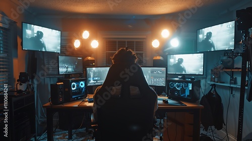 a streamer in his very technological gamer room with many screens and lights