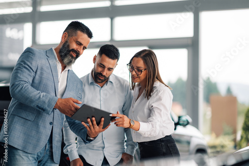 Car dealer showing digital information to interested couple.