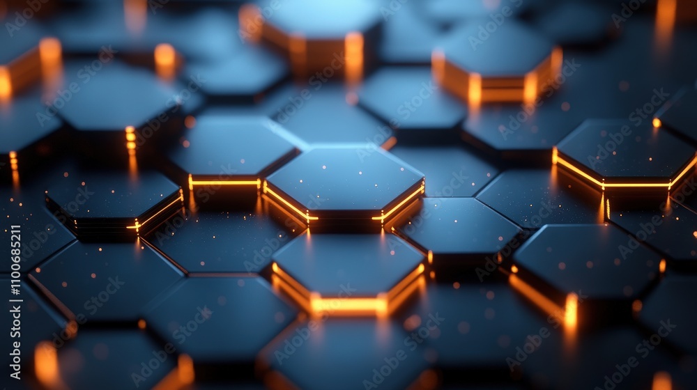 A close-up of hexagonal tiles with glowing edges, creating a futuristic texture. A close-up of hexagonal tiles with glowing edges, creating a futuristic texture.