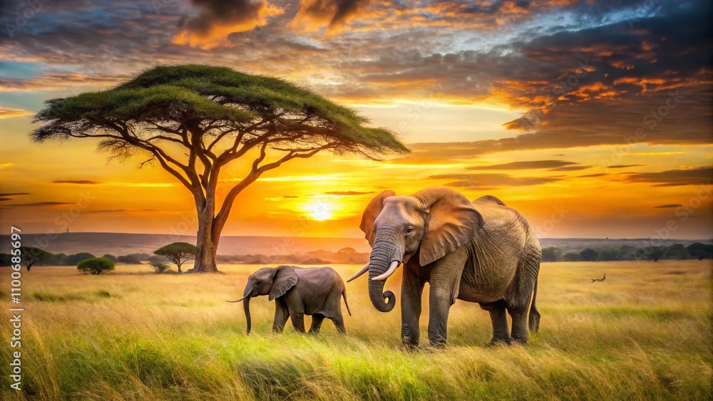 Fototapeta premium Heartwarming Landscape of an Elephant Mother and Child Bonding in the Wild, Showcasing Nature's Beauty and Family Connection in a Serene African Savanna Setting