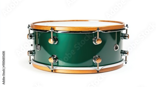 Green Snare Drum with Wooden Rim on White Background