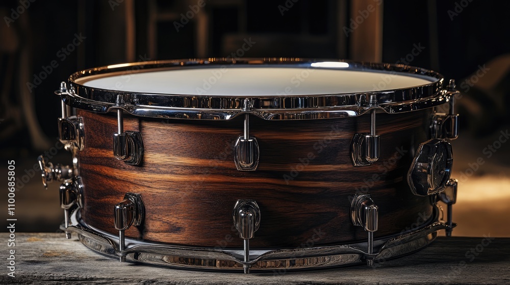 Obraz premium Elegant Wooden Snare Drum on Wooden Surface