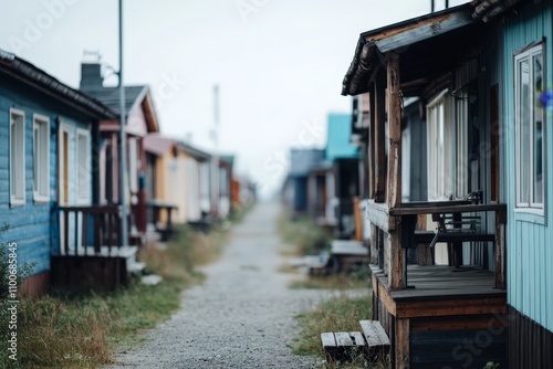 A row of colorful, rustic wooden houses line a narrow gravel pathway on an overcast day, capturing a serene and quaint village atmosphere in a remote setting. photo