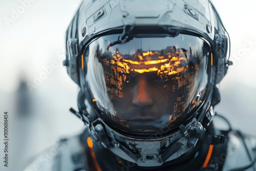 Close-up of a futuristic helmet with an illuminated urban landscape reflection, blending advanced technology with modern cityscape in dramatic visual presentation. photo