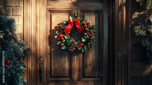 exterior de una casa decorada con ramas de pino decorada con esferas con una corona colgada con decoraciones de navidad photo