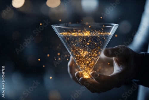 A glass filled with a radiant liquid sparkles brilliantly in the hands of a person, illustrating a magical concoction that embodies wonder and mystique. photo