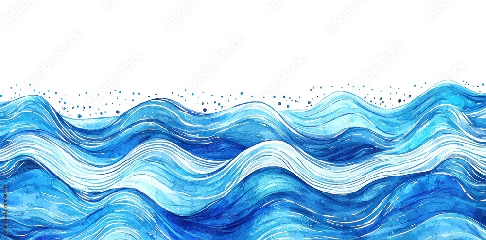 Fototapeta premium Abstract watercolor ocean waves illustration with various shades of blue, conveying a sense of calmness and tranquility in nature.
