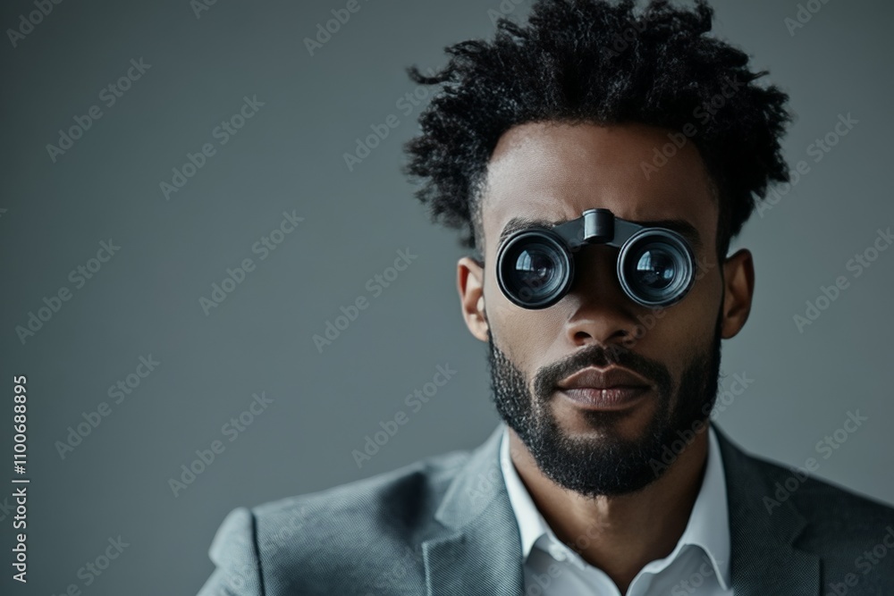 Obraz premium A professional man in a suit uses binoculars to gaze into the distance, embodying foresight, exploration, and the pursuit of future opportunities or adventures.