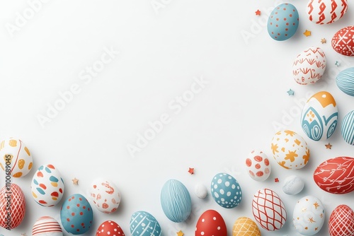 Colorful decorative Easter eggs, each with unique designs, are lavishly arranged on a plain white surface, capturing the vibrancy and diversity of Easter celebrations. photo