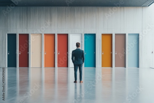 A man stands before an array of colorful doors in a sleek, modern hallway, each representing a unique choice or opportunity in a decisively dynamic environment.