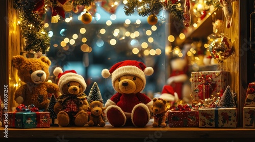 A collection of holiday toys in a store window, with lights and decorations creating a festive atmosphere