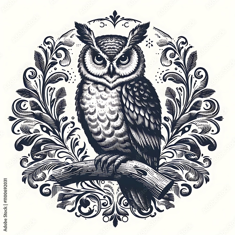 Fototapeta premium Detailed illustration of an owl surrounded by foliage.