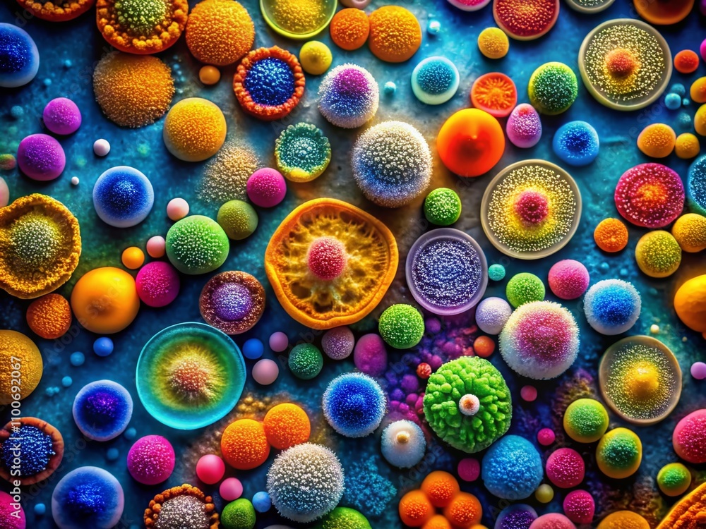 Fototapeta premium Intricate Microbial Colonies: A Minimalist Macro Photography Exploration of Unique Bacterial Societies with Diverse Color Palettes