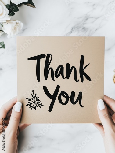 Simple thank you card held in hands with black lettering and snowflake design photo