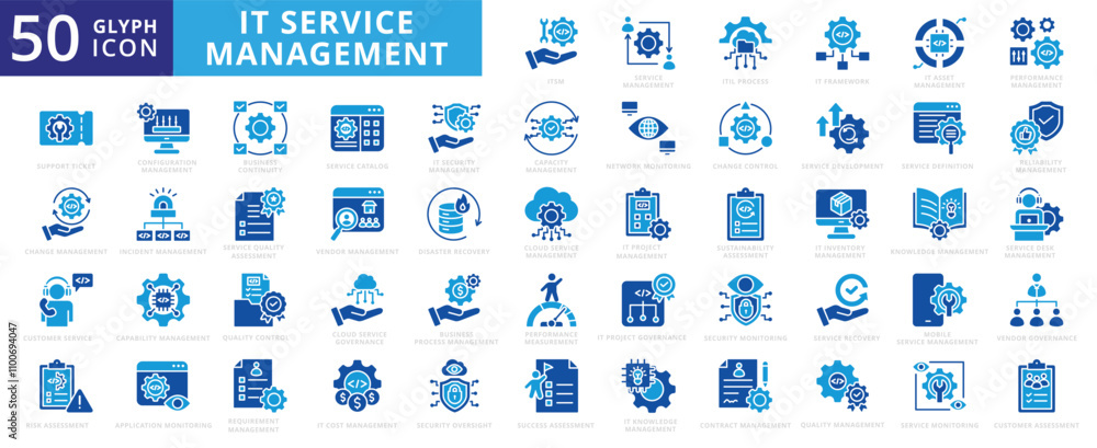 Obraz premium IT service management icon set with business, technology, cloud, mobile, success, network, security, innovation, desk, sustainability, knowledge, application, customer, contract, and information