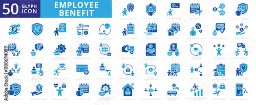 Employee benefit icon set with travel, discount, engagement, health insurance, telecommuting, commuter, life insurance, maternity leave, work life balance, retirement plan, and paternity leave