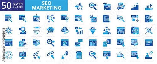 SEO marketing icon set with page, organic, building, speed, engagement, algorithm, landing page, user, authority, content marketing, content, backlink, crawling, sem, analytic, adwords, and alt text