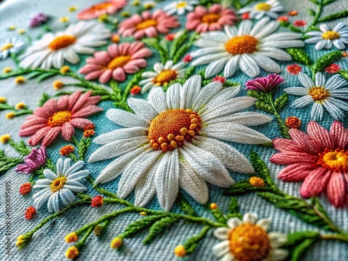 Long Exposure Floral Embroidery Pattern Featuring Daisies on Textured Fabric, Capturing Movement and Color for a Unique Artistic Presentation