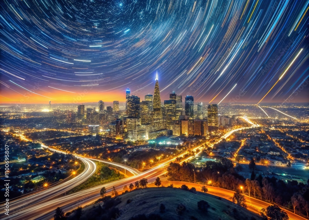 Obraz premium Long Exposure Night View of Los Angeles Centered USA Map with Vibrant City Lights and Star Trails Creating a Stunning Urban Landscape for Travel and Cartography Enthusiasts