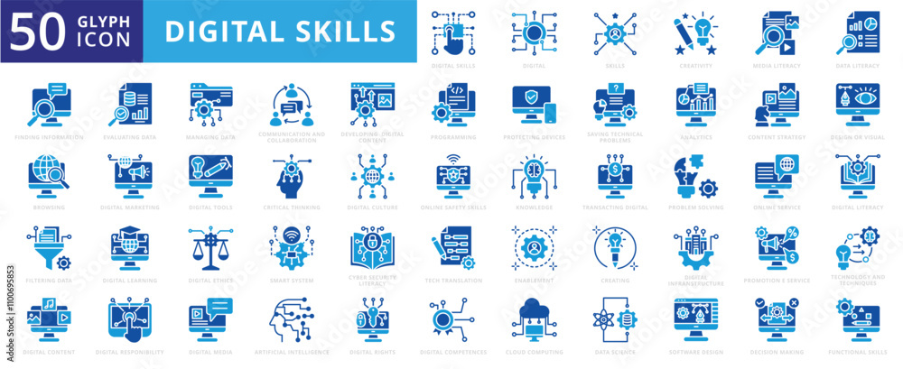 Obraz premium Digital skills icon set with rights, learning, technology, marketing, artificial intelligence, cloud computing, creativity, cyber security, tools, media, culture, knowledge, and programming