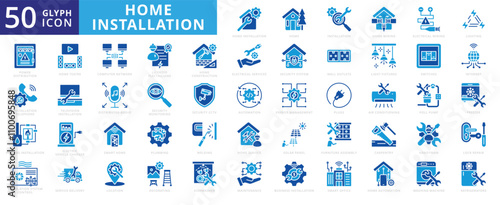 Home installation icon set with construction, internet, telephone, television, carpentry, service, maintenance, plumbing, automation, lighting, welding, washing machine, freezer, and solar panel