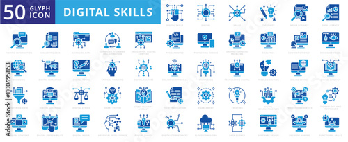Digital skills icon set with rights, learning, technology, marketing, artificial intelligence, cloud computing, creativity, cyber security, tools, media, culture, knowledge, and programming