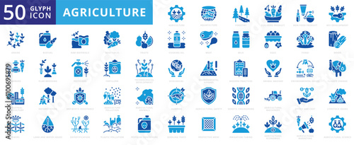 Agriculture icon set with marketing, animals, science, safety, machinery, economics, container, industrial, diversification, aquaculture, forestry, food product, key, grains, farmer, and development