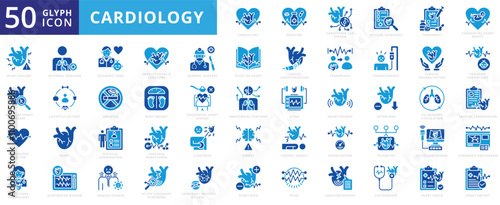 Cardiology icon set with congenital, examination, disease, system, physician, catheterization, cardiovascular, stroke, medicine, stethoscope, treatment, pulse, smoking, and rehabilitation