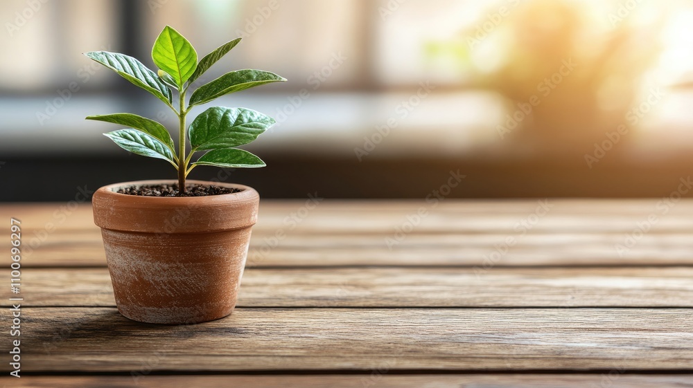 Fototapeta premium Potted plant on wooden table in natural light