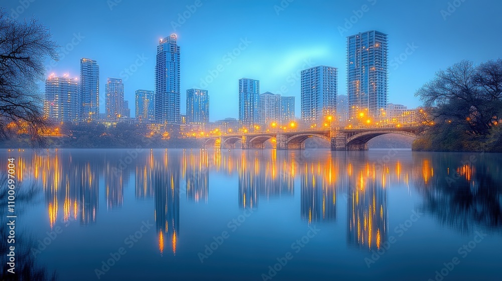 Fototapeta premium A serene cityscape at dawn with illuminated buildings reflecting on a calm river.