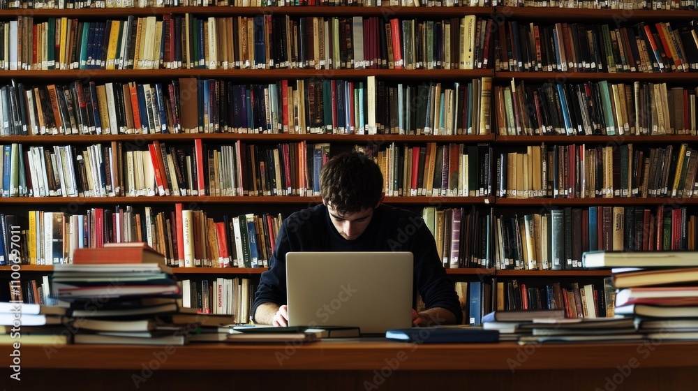 College student studying in a library with books and a laptop, isolated on white background College student studying in a library with books and a laptop, isolated on white background