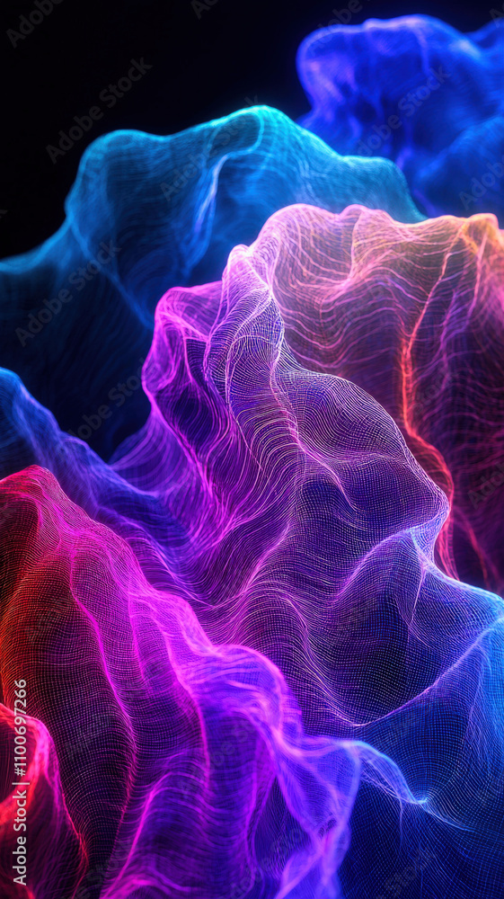 Obraz premium Waves of vibrant neon colors undulating gently against a dark backdrop, creating an electric, fluid motion that captivates the eye with its dynamic energy.