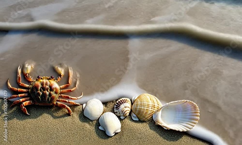 Crab and Shells on Sandy Beach by the Gentle Waves of Ocean photo