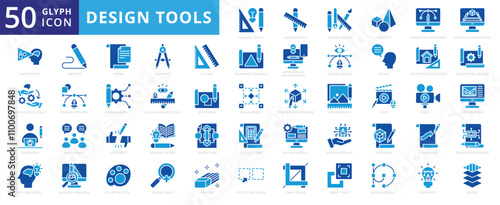 Design Tools icon set with film, architecture, visual, video, process, industrial, paper, layout, compass, engineering, creativity, writing, crop, service, zoom, eraser, algorithm, and discussion