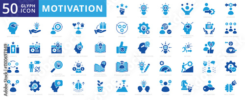 Motivation icon set with compete, reason, research, believe, beliefs, growth, success, strategy, creativity, human, process, attitude, behavior, competence, desire, performance, and positive thinking