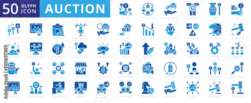 Auction icon set with travel, real estate, online, machinery, agricultural, price, equipment, goods, services, e-commerce, paintings, commodities, choice, online advertising, and visibility